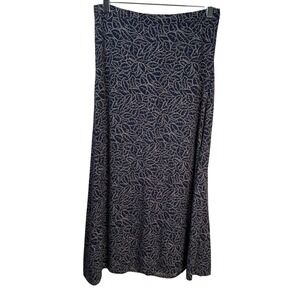 Vintage 90s Betsy's Things Maxi Skirt 8 Navy Blue Leaf Rayon Boho Coastal Nature